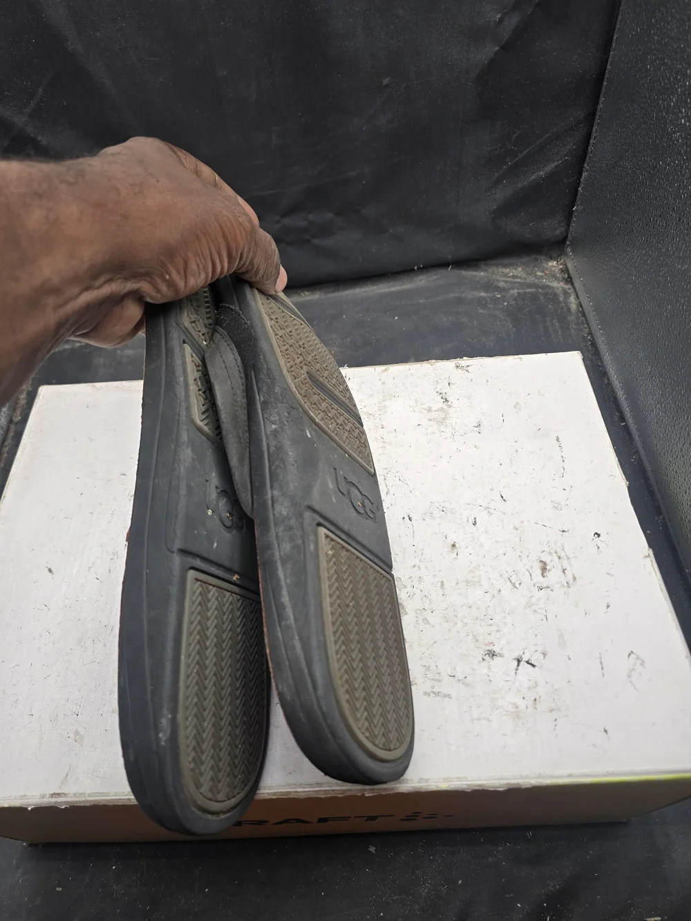 UGG Black Leather Strap Flip Flops with Wood-Effect Footbed